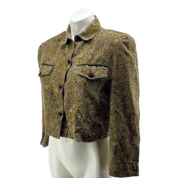 Vintage Olive Green Cropped Shirt Jacket M Floral Paisley Button Front Light - Picture 4 of 16